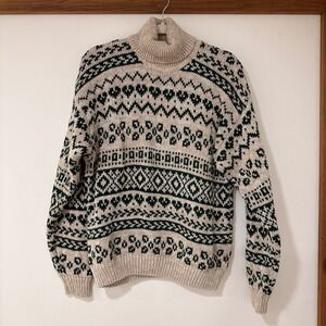 Paris Sport Club Fair Isle Turtleneck Sweater Mens L Green Beige Knit | Heritage